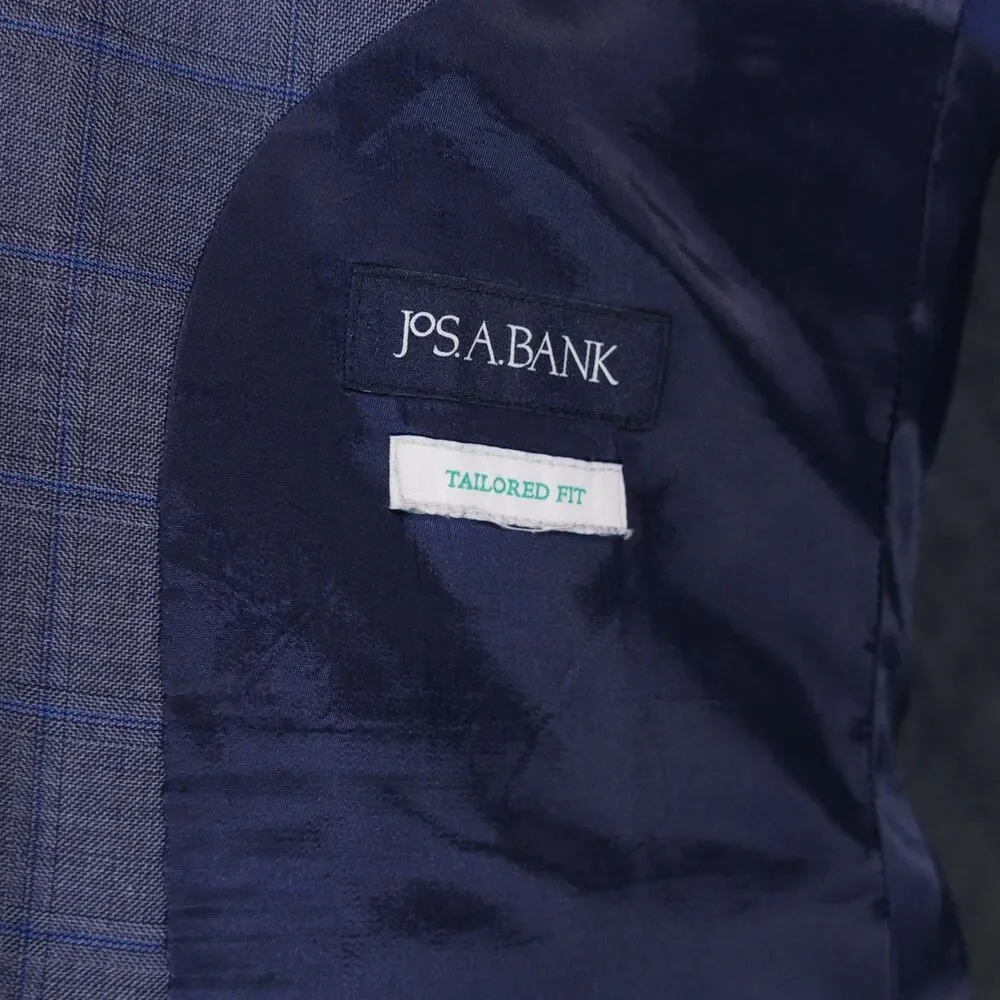 Jos A Bank Traveler Sport Coat Blazer Men 42L Tailored Blue Plaid Wool Blend